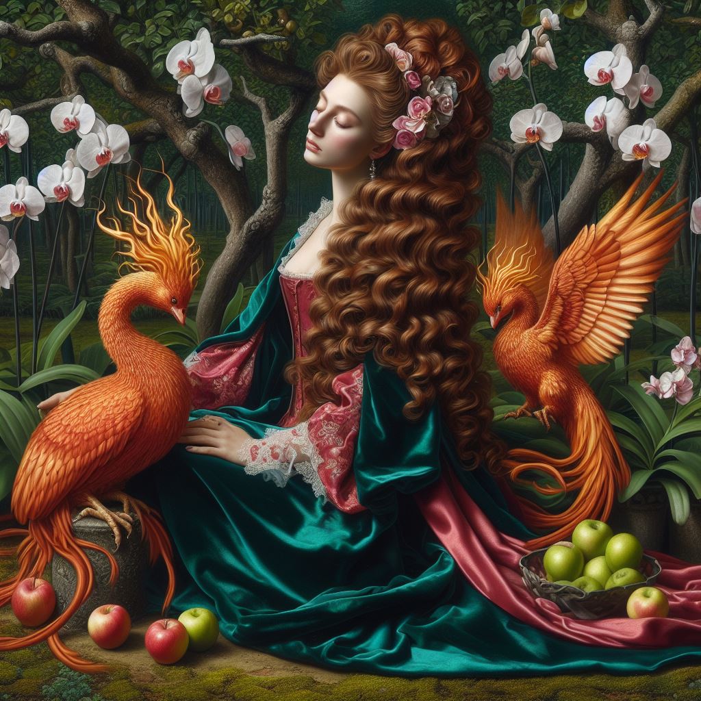 A long-haired sorceress in emerald velvet seated with two phoenix birds